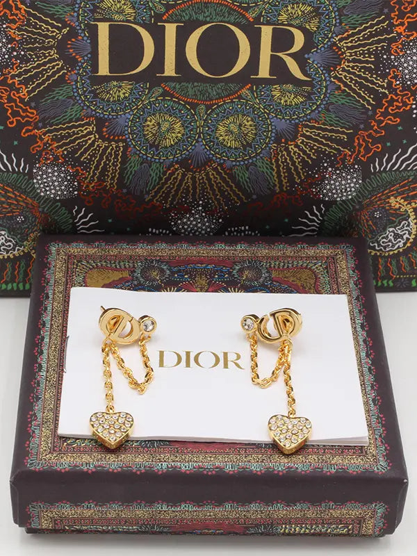 حلق ديور لوقو طويل كريستال حلق dior ذهبي