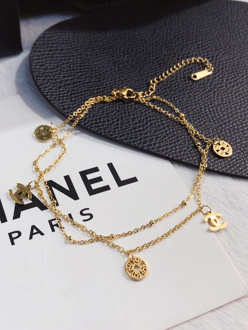 خلخال شانيل ذهبي طبقتين خلاخل chanel