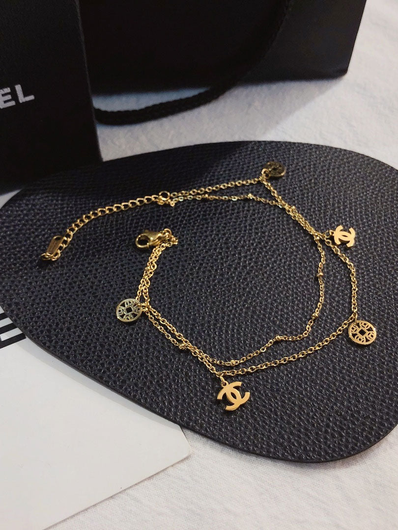 خلخال شانيل ذهبي طبقتين خلاخل chanel