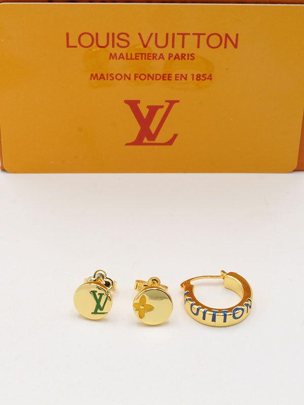 حلق لويس فيتون 3 قطع شعار ملون حلق louis vuitton ذهبي