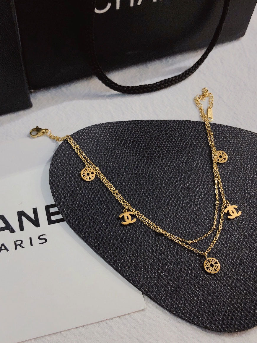 خلخال شانيل ذهبي طبقتين خلاخل chanel