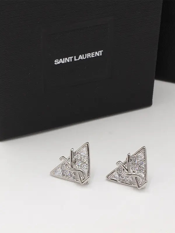 حلق ايف سان لوران زركون فضي لوقو حلق ysl