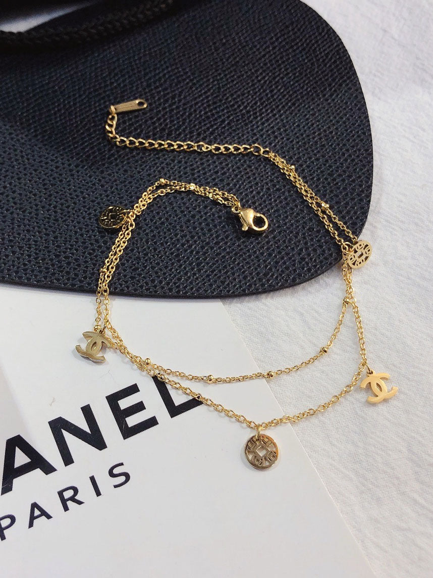 خلخال شانيل ذهبي طبقتين خلاخل chanel