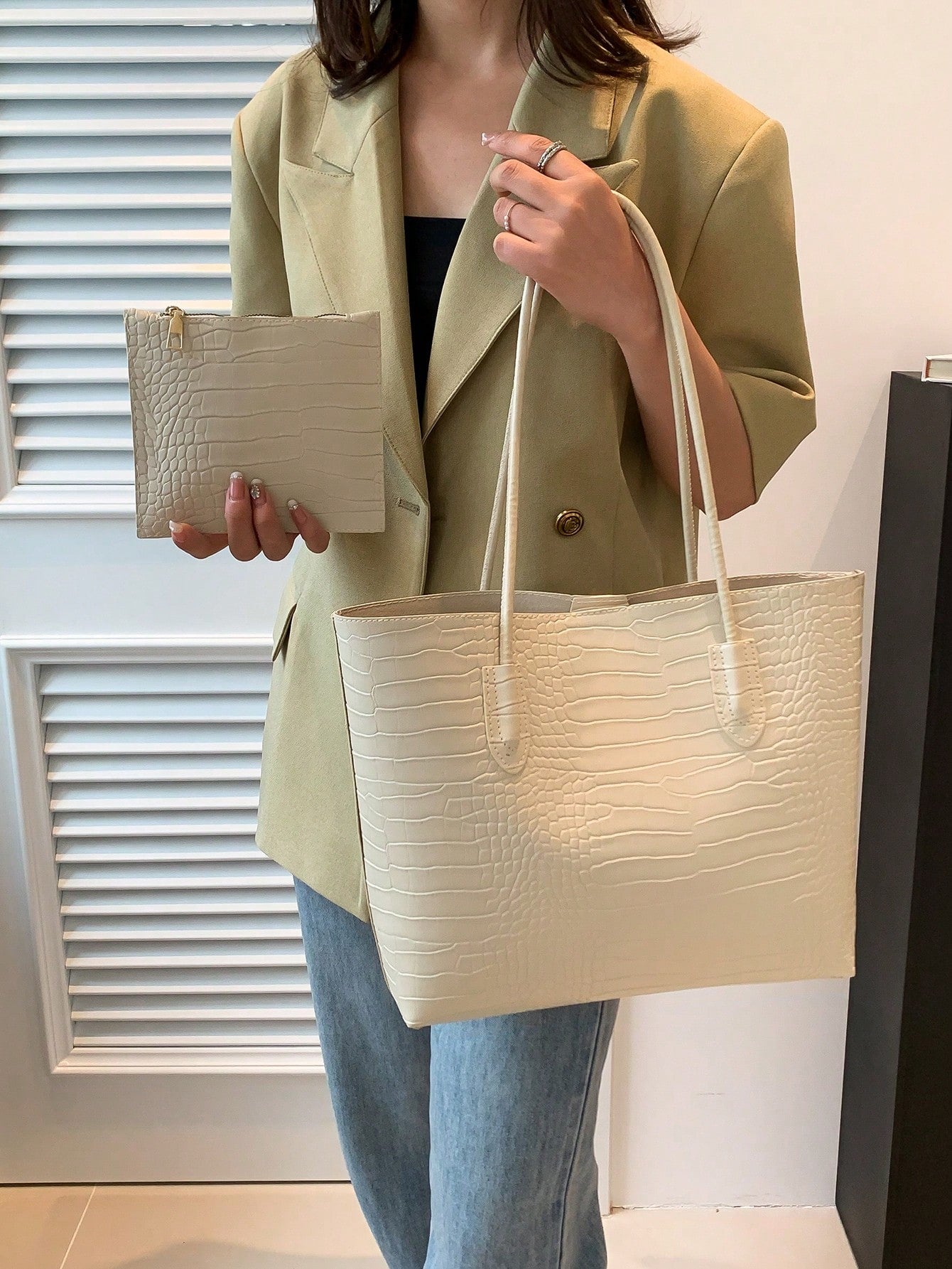 حقيبة كتف بنقش مقبض مزدوج شنط وحقائب شنط