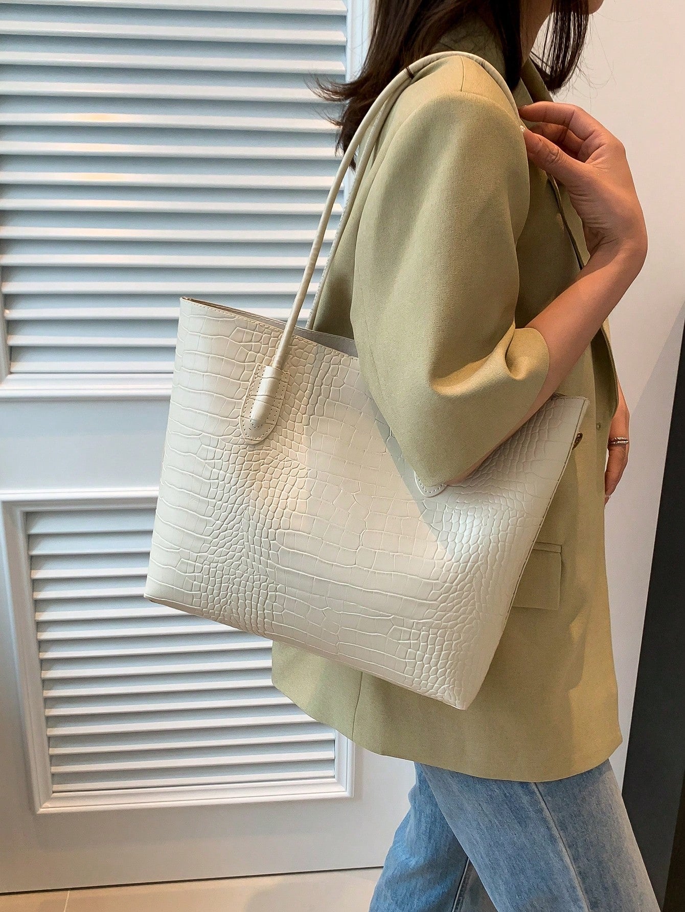 حقيبة كتف بنقش مقبض مزدوج شنط وحقائب شنط بيج