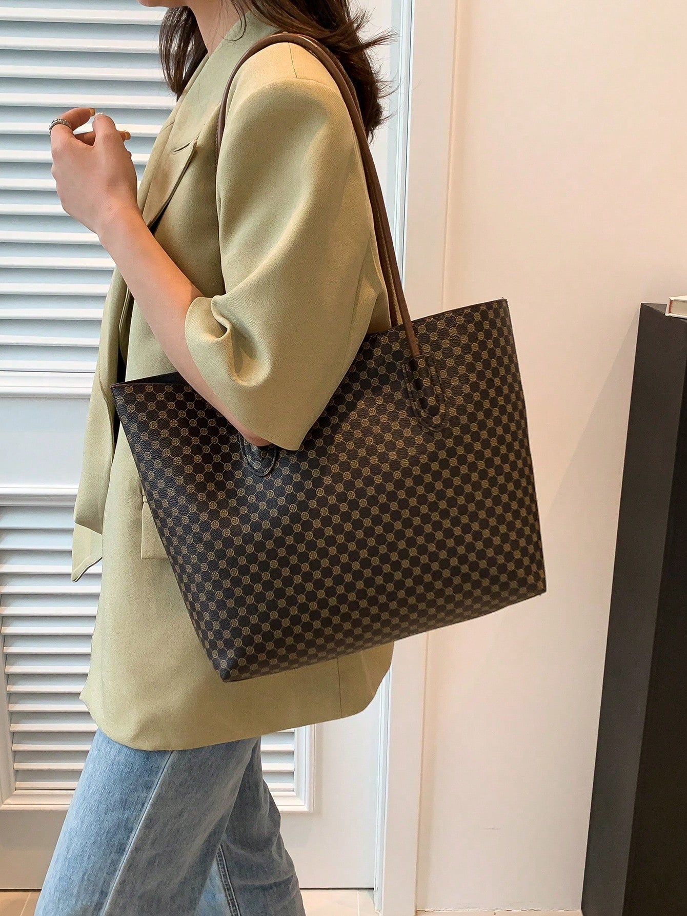 حقيبة كتف بنقش مقبض مزدوج شنط وحقائب شنط