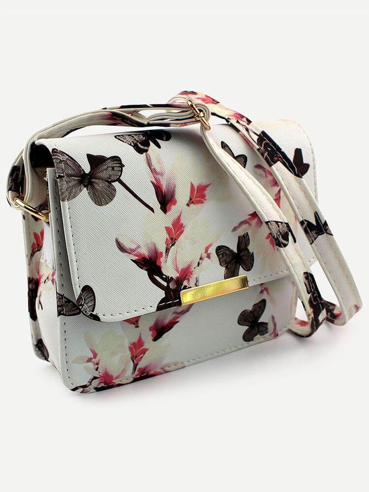 حقيبة بيضاء بطباعة أزهار وفراشة شنط وحقائب متوفر 1 لون