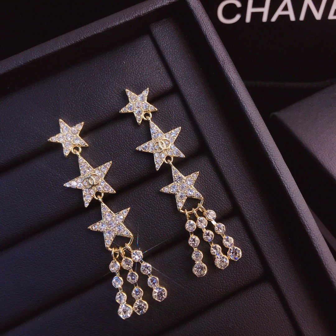 حلق شانيل طويل ثري ستارز حلق chanel