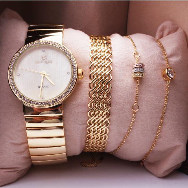 طقم ساعه واساور ناعمه ذهبي اطقم ساعات متوفر 1 لون
