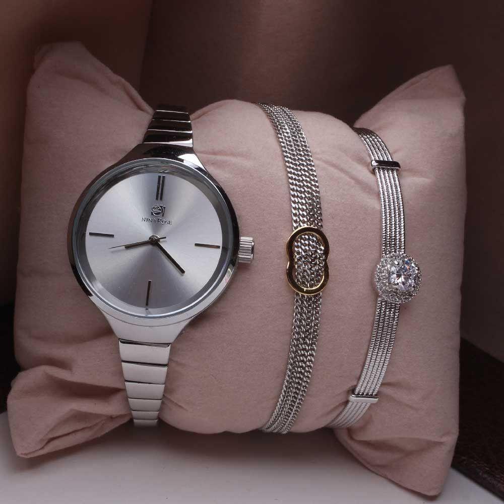 طقم ساعه واسوارتين اطقم ساعات متوفر 2 لون فضي