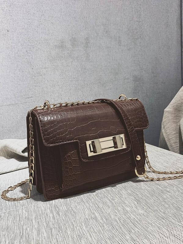 حقيبة كتف بسلسلة جلد تمساح شنط وحقائب شنط بني
