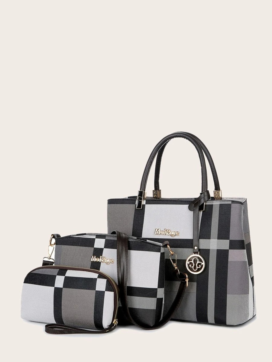 طقم حقيبة كتف كاروهات بني شنط وحقائب شنط رمادي