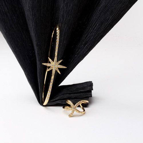 خاتم واسوارة نص الكف زركون خواتم متوفر 2 لون ذهبي فري سايز - قابل التحكم بالقياس