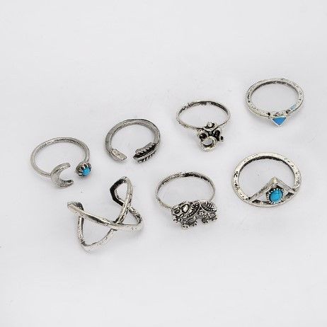 مجموعة 7 خواتم خواتم متوفر 2 لون فضي فري سايز - قابل التحكم بالقياس