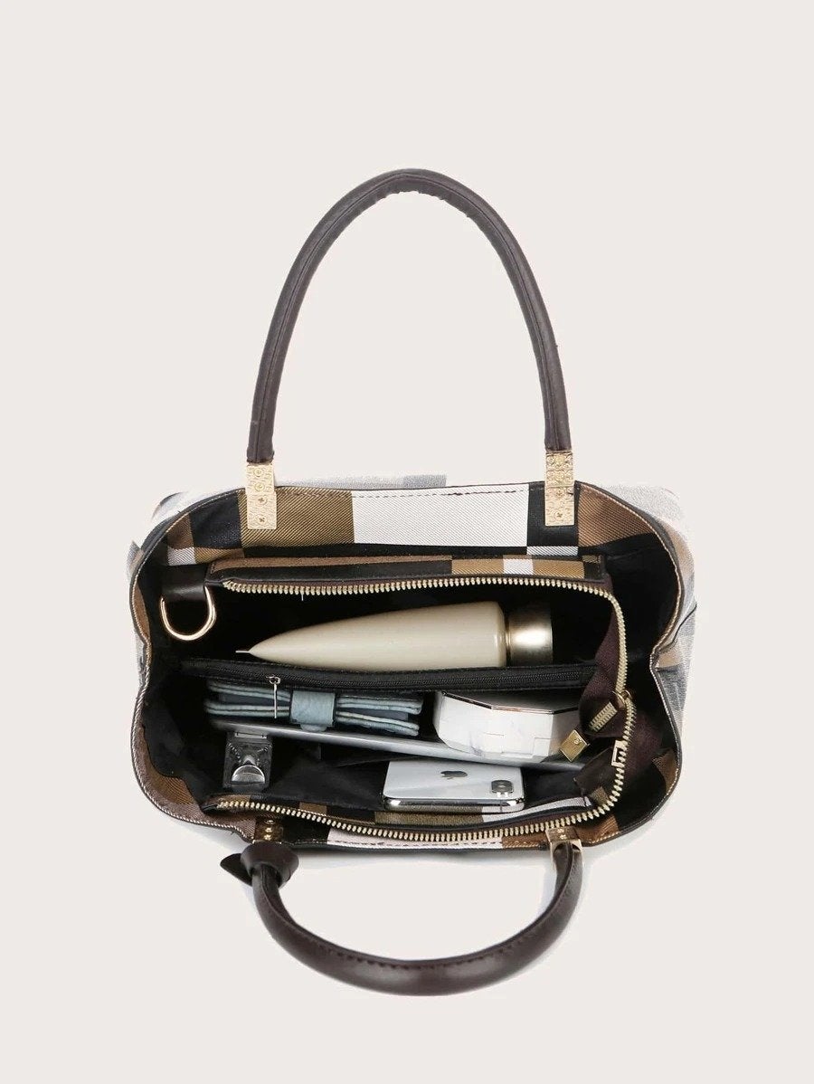 طقم حقيبة كتف كاروهات بني شنط وحقائب شنط