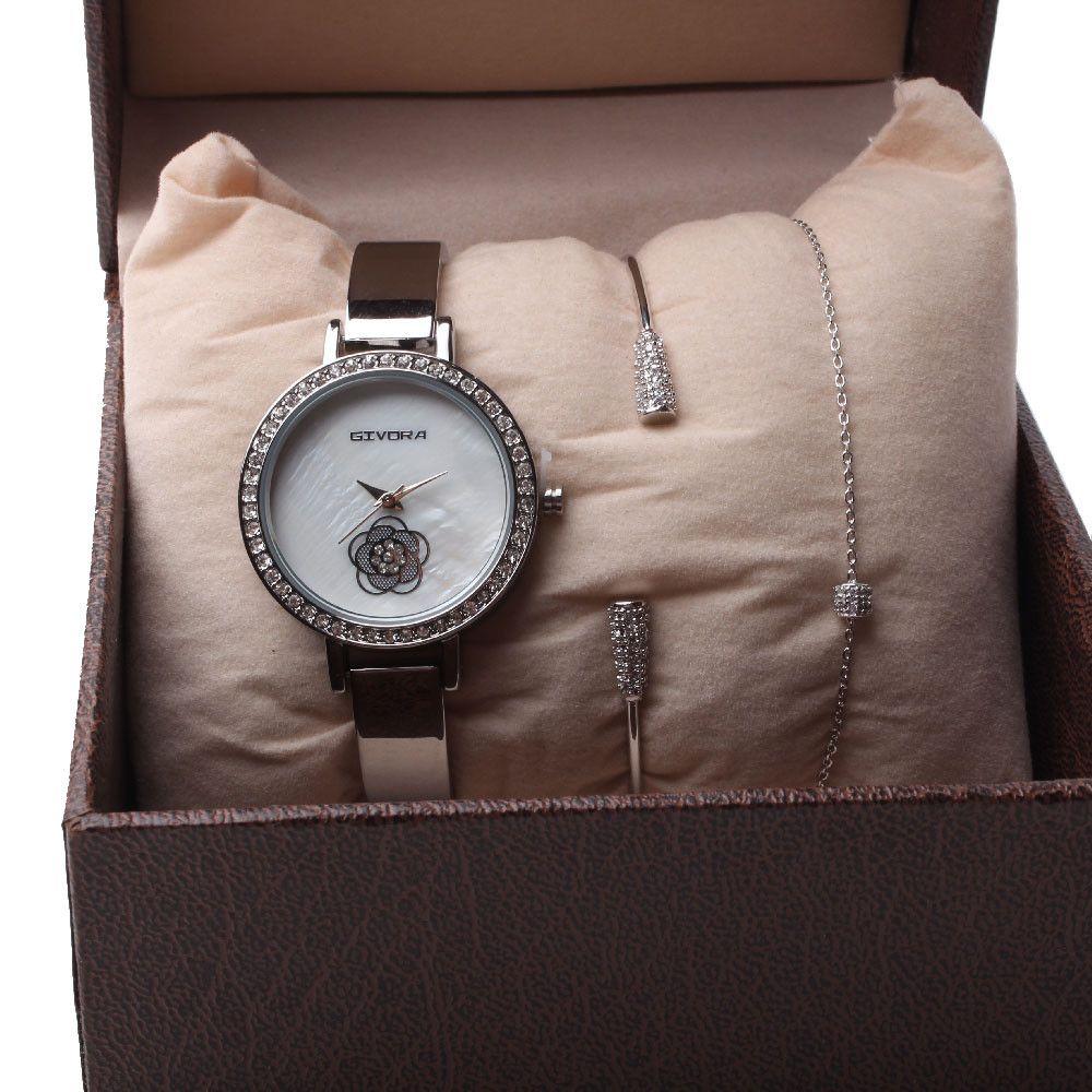 طقم ساعه قيڤورا اطقم ساعات متوفر 2 لون فضي