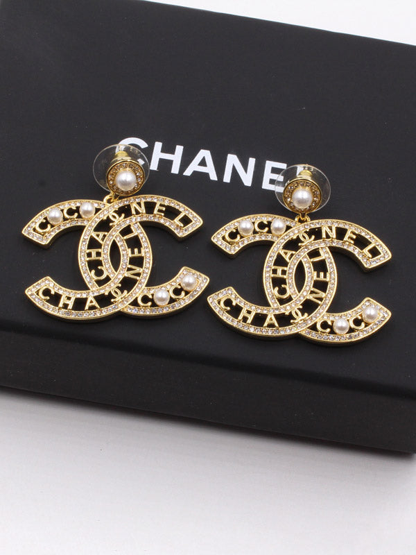 حلق شانيل كبير لولو وكريستال ذهبي حلق chanel