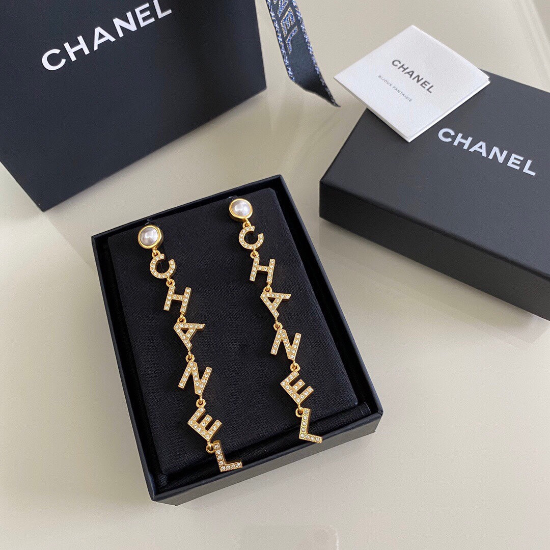 حلق شانيل طويل كريستال بيرل حلق chanel