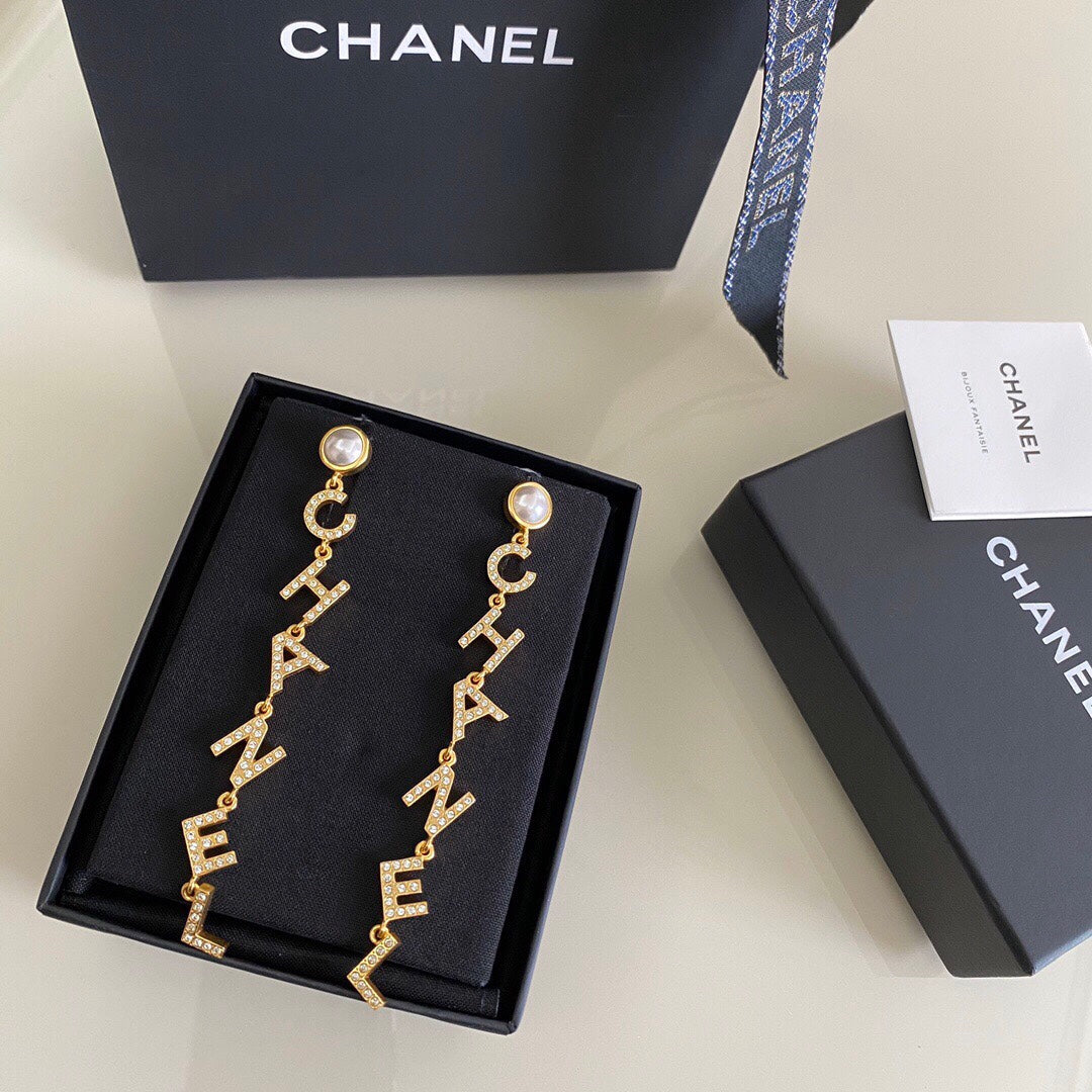 حلق شانيل طويل كريستال بيرل حلق chanel