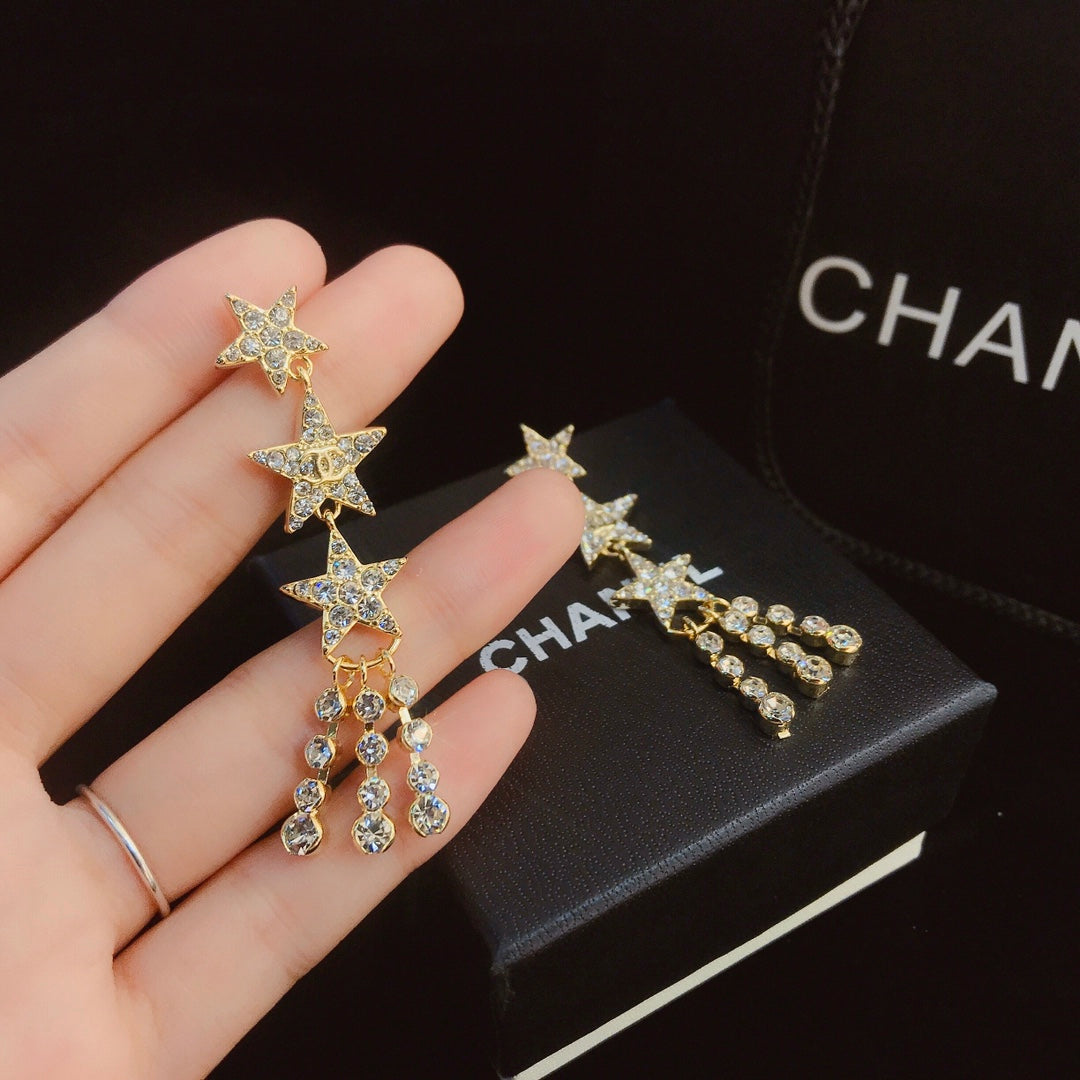 حلق شانيل طويل ثري ستارز حلق chanel