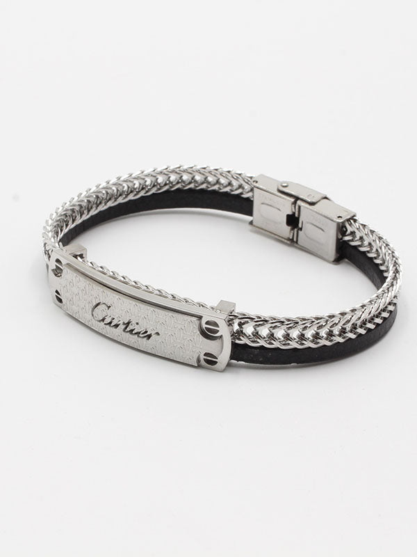 أسوارة كارتير رجالي جلد اسود شاين اند لذر اسواره CARTIER فضي