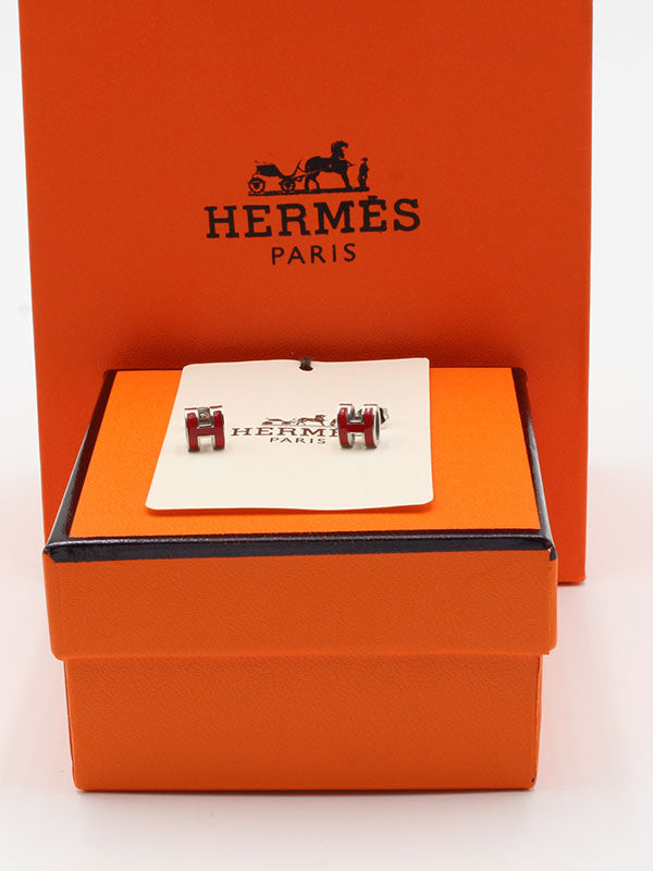 حلق هيرمز صغير حلق HERMES فضي احمر 