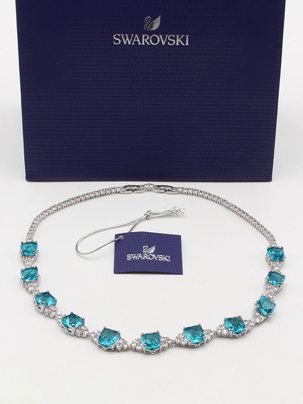 عقد سلسال سواروفسكي بيق بلو سكوير ستونز سلسال Swarovski سماوي فضي