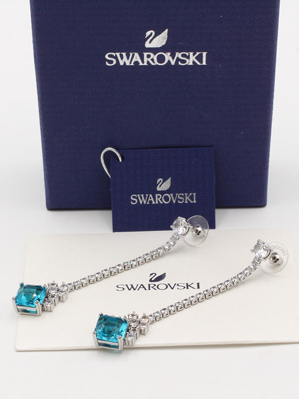 حلق سواروفسكي لونق بيق بلو سكوير حلق Swarovski سماوي فضي