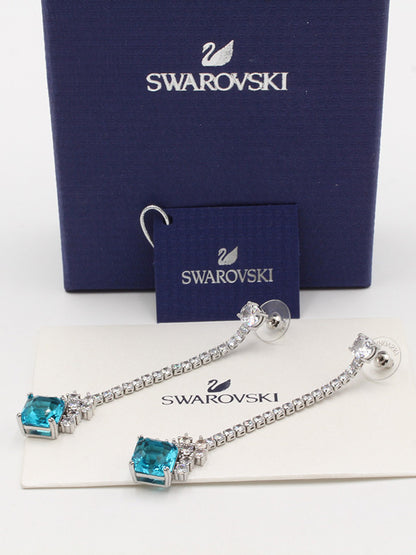 حلق سواروفسكي لونق بيق بلو سكوير حلق Swarovski سماوي فضي