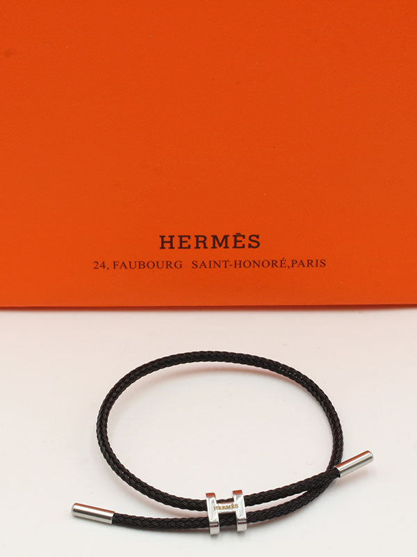 اسوارة هيرمز جلد اسود لوقو اسواره HERMES اسود فضي
