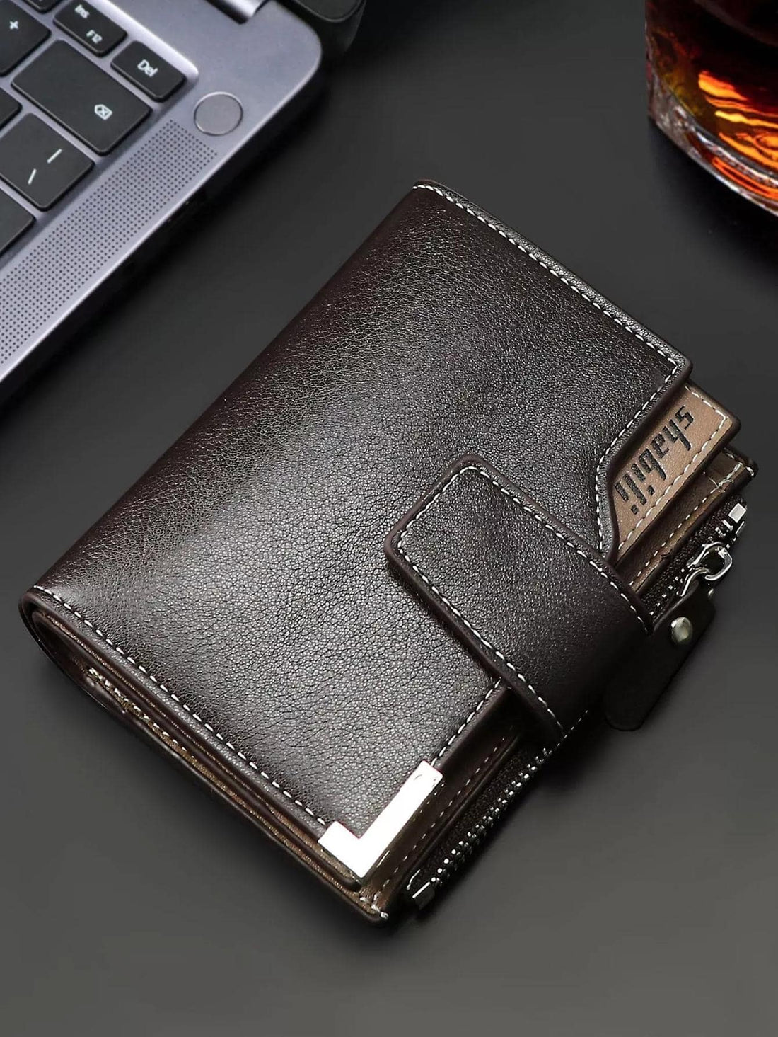 محفظة رجالية صغيرة بجلد الليتشي محافظ بوك بني غامق