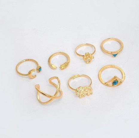 مجموعة 7 خواتم ذهبي / فري سايز - قابل التحكم بالقياس - Jewel