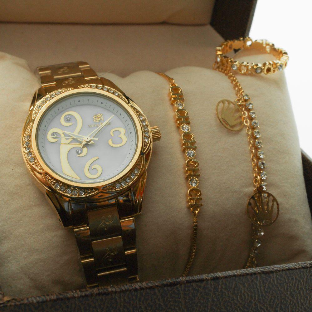 طقم ساعه واسواره سي اتش مع خاتم اطقم ساعات متوفر 1 لون ذهبي